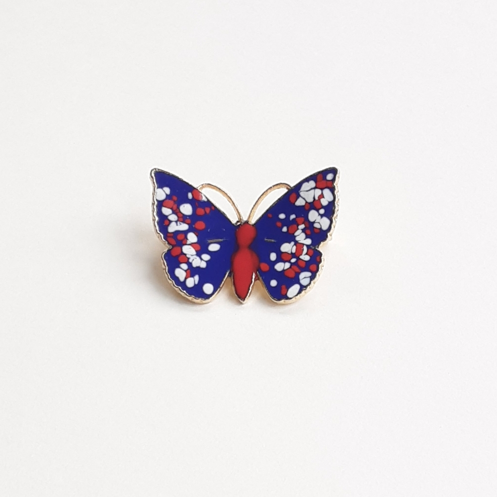 Butterfly Brooch Red White & Blue Enamel Gold Tone Nature Cottagecore